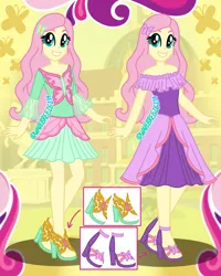 Size: 1080x1350 | Tagged: safe, artist:wavebreeze234, derpibooru import, fluttershy, butterfly, insect, equestria girls, 2d, ankles, canterlot high, clothes, dress, female, g4, hairpin, high heels, image, legs, looking up, png, shoes, smiling