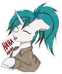 Size: 3100x3700 | Tagged: safe, artist:hysteriana, derpibooru import, oc, oc:evening lake, unofficial characters only, pony, unicorn, blue mane, cheek fluff, chest fluff, clothes, ear fluff, eyes closed, female, floppy ears, hoof fluff, horn, image, jacket, laughing, light skin, patch, png, ponytail, simple background, solo, spots, spotted, sticker, striped mane, transparent background