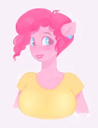 Size: 1286x1681 | Tagged: safe, artist:huskaboo, derpibooru import, pinkie pie, human, bust, clothes, ear piercing, eared humanization, earring, female, g4, humanized, image, jewelry, piercing, png, pony coloring, shirt, simple background, smiling, solo