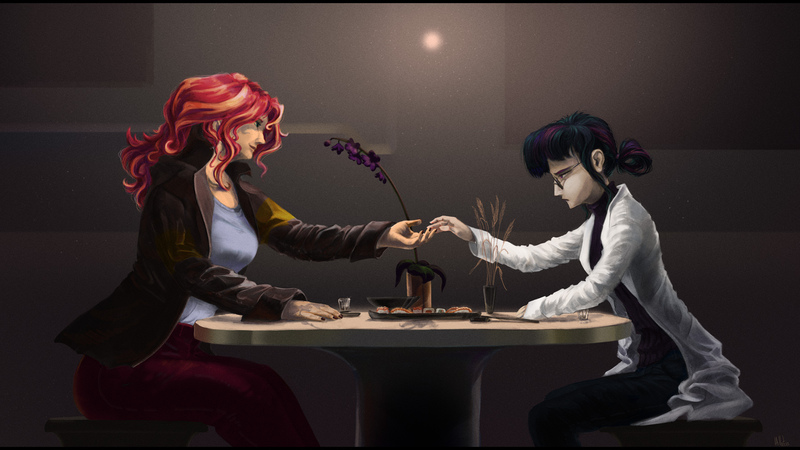 Size: 1778x1000 | Tagged: safe, artist:hilloty, derpibooru import, sci-twi, sunset shimmer, twilight sparkle, human, equestria girls, duo, duo female, female, food, g4, holding hands, human coloration, image, jpeg, looking at each other, looking at someone, sitting, sushi, table