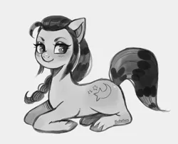 Size: 1757x1425 | Tagged: safe, artist:huskaboo, derpibooru import, sunny starscout, earth pony, pony, g5, anatomically incorrect, blushing, female, grayscale, image, incorrect leg anatomy, lying down, mare, monochrome, png, ponyloaf, prone, signature, simple background, smiling, solo, tail, unshorn fetlocks, white background