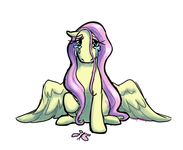 Size: 3300x2700 | Tagged: source needed, safe, artist:verikoira, derpibooru import, fluttershy, butterfly, insect, pegasus, pony, crying, female, g4, image, looking at you, mare, png, sad, simple background, solo, spread wings, wings