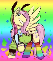 Size: 3396x3903 | Tagged: safe, artist:verikoira, derpibooru import, fluttershy, pegasus, pony, antonymph, asexual pride flag, clothes, fluttgirshy, gir, gradient background, image, implied rainbow dash, invader zim, kandi, looking at you, nonbinary, nonbinary pride flag, pansexual pride flag, png, pride, pride flag, rainbow, rainbow background, rainbow socks, scene, sharp teeth, socks, solo, spread wings, striped socks, teeth, vylet pony, wings