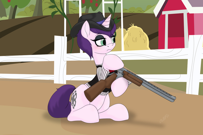 Size: 1200x800 | Tagged: safe, artist:miniferu, derpibooru import, oc, unofficial characters only, unicorn, apple, apple tree, clothes, farm, female, fence, food, gun, hat, hay, horn, image, jpeg, pinstripes, reloading, shirt, shotgun, solo, tree, vest, weapon