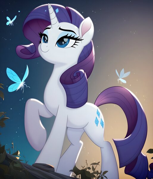 Size: 3429x4000 | Tagged: safe, ai content, derpibooru import, machine learning generated, prompter:midnightdashie, stable diffusion, rarity, pony, unicorn, full body, g4, generator:pony diffusion v6 xl, high res, horn, image, jpeg, movie accurate, night, outdoors, solo
