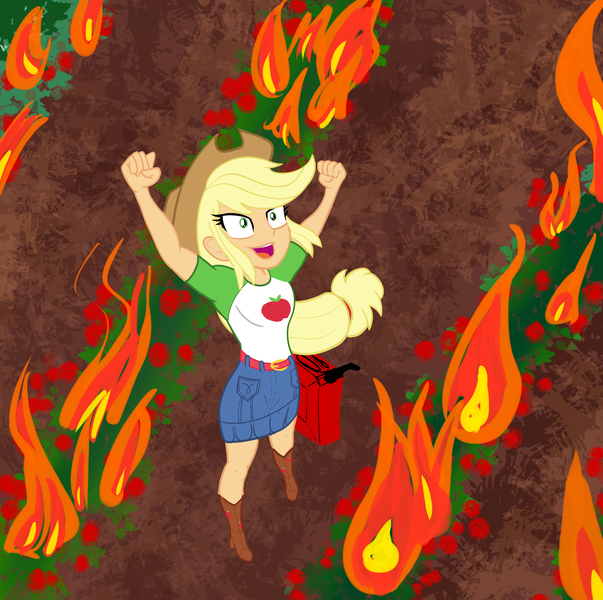 Size: 2072x2060 | Tagged: safe, artist:calmbreezes, derpibooru import, applejack, human, equestria girls, arms in the air, boots, clothes, cowboy boots, cowboy hat, fire, food, g4, hat, image, png, pyromaniac, shoes, skirt, solo, standing, strawberry