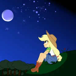 Size: 1212x1222 | Tagged: safe, artist:calmbreezes, derpibooru import, equestria girls, boots, clothes, cowboy boots, cowboy hat, crossed arms, freckles, g4, grass, hat, image, moon, night, night sky, outdoors, png, shoes, sitting, sky, solo, tree