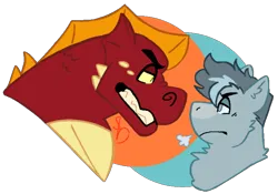 Size: 540x377 | Tagged: safe, artist:zappkisser, derpibooru import, garble, oc, dragon, pony, breath, duo, duo male, frown, g4, gritted teeth, image, lidded eyes, looking at each other, looking at someone, male, png, ponysona, stallion, teeth