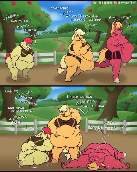 Size: 4000x5000 | Tagged: suggestive, artist:owloffortune, derpibooru import, apple bloom, applejack, big macintosh, anthro, earth pony, unguligrade anthro, 2 panel comic, apple blob, apple siblings, apple sisters, applefat, bbw, belly, bhm, big belly, bigger macintosh, breasts, brother and sister, clothes, comic, dialogue, fat, female, image, male, morbidly obese, obese, out of breath, png, shorts, siblings, sisters, sports bra, sports shorts, sweat