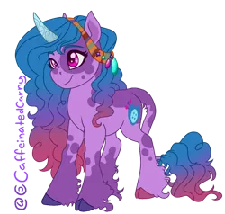 Size: 920x876 | Tagged: safe, artist:caffeinatedcarny, derpibooru import, izzy moonbow, pony, unicorn, g5, clothes, cloven hooves, coat markings, curved horn, cute, gemstones, gradient mane, headscarf, hippie, hooves, horn, horn runes, image, izzybetes, leonine tail, markings, multicolored hair, multicolored hooves, png, redesign, romani headscarf, scarf, simple background, solo, splotches, tail, transgender, transparent background, unshorn fetlocks