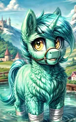 Size: 2752x4416 | Tagged: safe, ai content, anonymous editor, anonymous prompter, derpibooru import, edit, machine learning generated, stable diffusion, lyra heartstrings, pony, unicorn, blue sky, bridle, castle, chest fluff, cloud, day, detailed, detailed background, ear fluff, female, feral, fluffy, g4, generator:easyfluff v11.2, happy, harness, heart, heart eyes, high res, horn, image, lake, leg wraps, looking at you, mare, medieval, missing cutie mark, mountain, mountain range, open mouth, outdoors, partially submerged, png, quadrupedal, smiling, smiling at you, solo, standing, tack, teal mane, village, water, wingding eyes, yellow eyes
