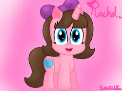 Size: 910x684 | Tagged: safe, artist:katiegirlsforever, derpibooru import, oc, oc:rachel, unofficial characters only, pony, unicorn, blue eyes, bow, brown hair, brown mane, brown tail, cute, female, g4, girly, girly girl, hair bow, horn, image, looking at you, mare, ocbetes, open mouth, open smile, pink background, pink coat, png, purple bow, simple background, smiling, smiling at you, solo, tail, unicorn oc