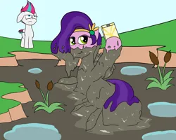 Size: 2000x1600 | Tagged: safe, artist:amateur-draw, derpibooru import, pipp petals, zipp storm, pegasus, pony, g5, annoyed, covered in mud, eyeroll, female, floppy ears, image, lying down, mare, mobile phone, mud, mud bath, mud pony, muddy, phone, pipp's phone, png, pond, selfie, siblings, simple background, sisters, smartphone, unamused, water, wet and messy, zipp storm is not amused