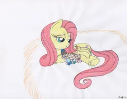 Size: 1024x796 | Tagged: safe, artist:katiegirlsforever, derpibooru import, fluttershy, chipmunk, pegasus, pony, alvin and the chipmunks, baby, bedroom eyes, brittany miller, crossover, cuddling, cute, eleanor miller, eyes closed, female, flutterlove, folded wings, g4, glasses, group, hay, image, jeanette miller, jpeg, love, lying down, mare, prone, quartet, shyabetes, smiling, the chipettes, traditional art, wings