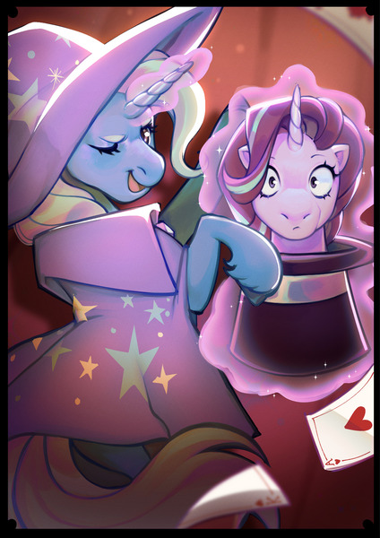 Size: 1448x2048 | Tagged: safe, artist:daffidaizy, derpibooru import, starlight glimmer, trixie, pony, unicorn, cape, clothes, duo, female, g4, hat, horn, image, jpeg, lesbian, magic, magic trick, shipping, startrix, telekinesis, trixie's cape, trixie's hat, zine