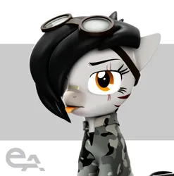 Size: 2131x2160 | Tagged: safe, artist:34lex, derpibooru import, oc, oc:bylka, earth pony, pony, 3d, black hair, camouflage, enhanced, enhanced ponies, eye scar, facial scar, female, g4, half body, image, one eye closed, orange eyes, photo, png, scar, simple background, source filmmaker, tongue out, white background