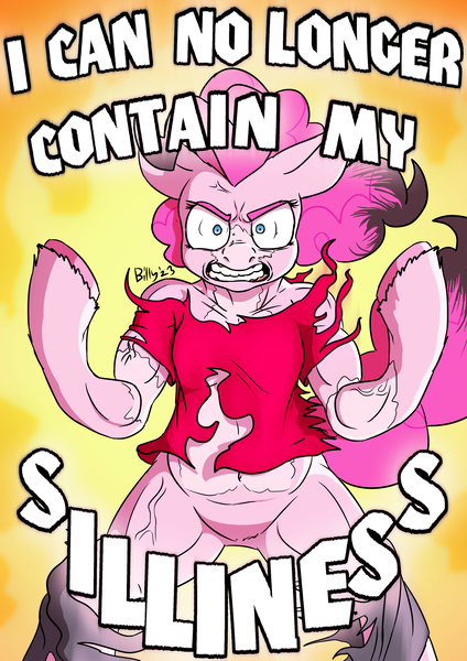 Size: 2480x3507 | Tagged: safe, artist:mcsplosion, derpibooru import, pinkie pie, earth pony, human, semi-anthro, angry, bipedal, clothes, female, fire, g4, gritted teeth, high res, human to pony, image, male to female, mid-transformation, muscles, png, rage, ripping clothes, solo, teeth, text, transformation, transgender transformation, vein, vein bulge