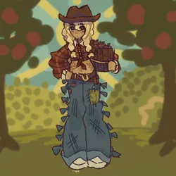 Size: 2048x2048 | Tagged: safe, artist:starrstrawberryy, derpibooru import, applejack, human, apple, braid, braided pigtails, clothes, denim, food, g4, humanized, image, implied rarijackdash, jeans, jpeg, pants, pigtails, short shirt, solo, tree