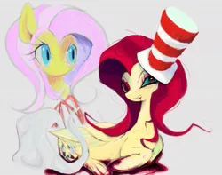 Size: 1103x870 | Tagged: safe, artist:ponykip, derpibooru import, fluttershy, pegasus, pony, elements of insanity, big ears, big eyes, blood, blood puddle, bloody hooves, bloody mouth, colored eyebrows, colored pinnae, duality, duo, duo female, female, folded wings, frown, g4, gray background, hat, heterochromia, image, jpeg, long mane, lying down, mare, messy mane, open mouth, open smile, pink mane, prone, red mane, self paradox, self ponidox, simple background, smiling, teal eyes, teeth, top hat, two toned mane, wavy mane, wings