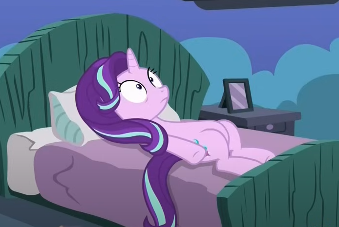 Size: 694x466 | Tagged: safe, derpibooru import, screencap, starlight glimmer, pony, unicorn, every little thing she does, bed, cropped, g4, horn, image, looking up, lying down, on back, on bed, png, solo, stare
