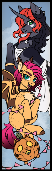 Size: 461x1521 | Tagged: safe, artist:sparkling_light, derpibooru import, oc, bat pony, pony, unicorn, chest fluff, choker, clothes, dress, female, horn, image, npn-nightmare pony night:oc, open mouth, png, pumpkin, simple background, trio