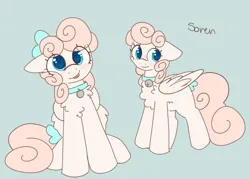 Size: 2800x2000 | Tagged: safe, artist:puppie, derpibooru import, oc, oc:soren, unofficial characters only, pegasus, :p, bell, bell collar, bow, collar, curly mane, cute, hair bow, image, innocent, pegasus oc, png, soft, solo, tail, tail bow, tongue out, wingding eyes, wings