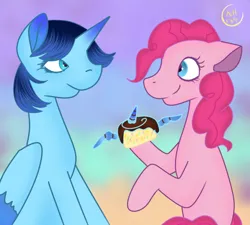 Size: 670x602 | Tagged: artist needed, source needed, safe, derpibooru import, pinkie pie, oc, oc:blue thunder, alicorn, cupcake, food, image, png