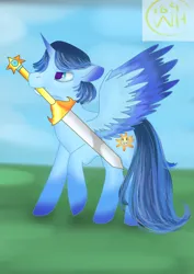 Size: 1000x1414 | Tagged: safe, derpibooru import, oc, oc:blue thunder, alicorn, alicorn oc, hero, horn, image, jpeg, sword, weapon, wings