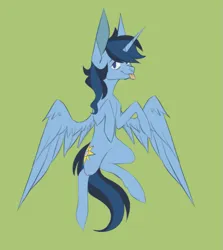 Size: 1465x1640 | Tagged: safe, artist:maggot, derpibooru import, oc, oc:blue thunder, alicorn, flying, image, png, tongue out