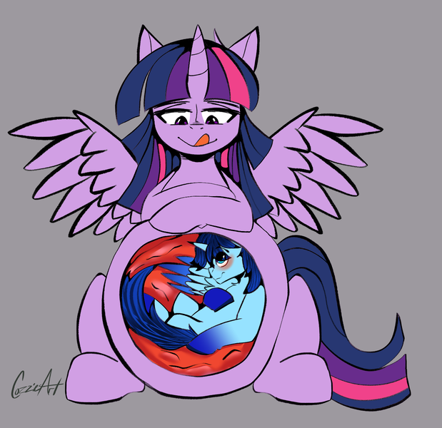 Size: 1390x1348 | Tagged: suggestive, derpibooru import, twilight sparkle, twilight sparkle (alicorn), oc, oc:blue thunder, alicorn, belly, big belly, canon x oc, female, image, male, oral vore, png, shipping, straight, thundersparkle, vore