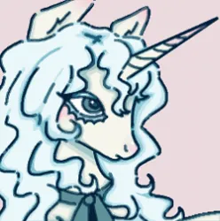 Size: 250x252 | Tagged: safe, artist:junniepiepoopop, derpibooru import, oc, oc:pillow lace, unofficial characters only, pony, unicorn, blue eyes, blue mane, blushing, colored eyelashes, cream coat, ear blush, eye clipping through hair, frown, horn, horn blush, image, long horn, long mane male, lowres, male, neck bow, neck ribbon, nose blush, pink background, png, profile, simple background, solo, stallion, unicorn oc, wavy mane