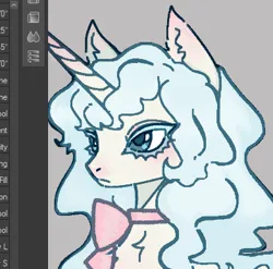 Size: 392x388 | Tagged: safe, artist:junniepiepoopop, derpibooru import, oc, oc:pillow lace, unofficial characters only, pony, unicorn, blue eyes, blue mane, blushing, chest fluff, colored eyelashes, cream coat, ear blush, ear fluff, frown, horn, horn blush, image, lidded eyes, long horn, long mane, long mane male, male, neck bow, neck ribbon, nose blush, png, solo, stallion, unicorn oc, wavy mane