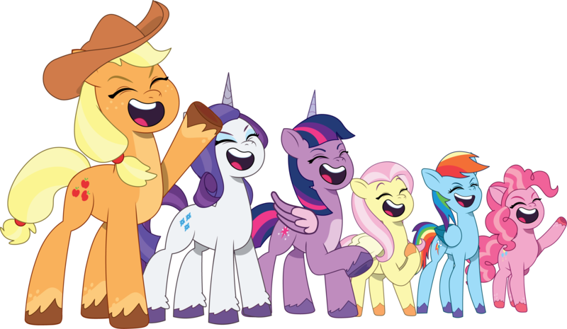 Size: 3097x1801 | Tagged: safe, artist:prixy05, derpibooru import, edit, edited screencap, screencap, vector edit, applejack, fluttershy, pinkie pie, rainbow dash, rarity, twilight sparkle, twilight sparkle (alicorn), alicorn, earth pony, pegasus, pony, unicorn, g5, my little pony: tell your tale, spoiler:g5, spoiler:my little pony: tell your tale, spoiler:tyts01e62, eyes closed, female, folded wings, g4, g4 to g5, generation leap, horn, image, lavarynth, mane six, mare, open mouth, open smile, png, simple background, smiling, transparent background, vector, wings