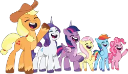 Size: 3097x1801 | Tagged: safe, artist:prixy05, derpibooru import, edit, edited screencap, screencap, vector edit, applejack, fluttershy, pinkie pie, rainbow dash, rarity, twilight sparkle, twilight sparkle (alicorn), alicorn, earth pony, pegasus, pony, unicorn, g5, my little pony: tell your tale, spoiler:g5, spoiler:my little pony: tell your tale, spoiler:tyts01e62, eyes closed, female, folded wings, g4, g4 to g5, generation leap, horn, image, lavarynth, mane six, mare, open mouth, open smile, png, simple background, smiling, transparent background, vector, wings