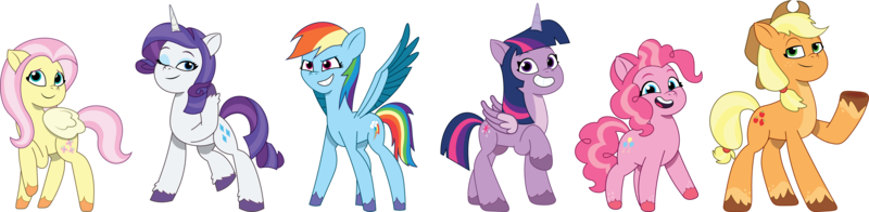 Size: 7974x1950 | Tagged: safe, artist:prixy05, derpibooru import, edit, vector edit, applejack, fluttershy, pinkie pie, rainbow dash, rarity, twilight sparkle, twilight sparkle (alicorn), alicorn, earth pony, pegasus, pony, unicorn, g5, my little pony: tell your tale, g4, g4 to g5, generation leap, horn, image, looking at you, mane six, png, simple background, smiling, smiling at you, smolshy, tallerdash, transparent background, vector