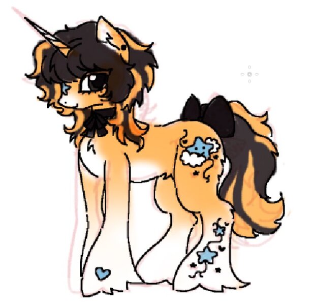 Size: 727x711 | Tagged: safe, artist:junniepiepoopop, derpibooru import, oc, unnamed oc, unofficial characters only, pony, unicorn, big eyes, bow, brown eyes, chest fluff, coat markings, colored belly, colored horn, colored muzzle, colored pinnae, colored sketch, ear fluff, ear piercing, earring, facial markings, heart, heart mark, horn, image, jewelry, jpeg, long horn, long mane, long mane male, long tail, male, mealy mouth (coat marking), neck bow, neck ribbon, orange coat, pale belly, piercing, ponysona, profile, pubic fluff, simple background, sketch, smiling, socks (coat marking), solo, stallion, standing, star (coat marking), tail, tail bow, two toned mane, two toned tail, unicorn horn, unicorn oc, unshorn fetlocks, white background