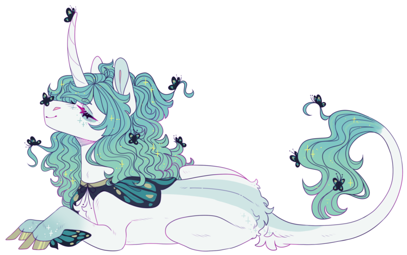 Size: 2876x1805 | Tagged: safe, artist:sleepy-nova, derpibooru import, oc, oc:teal monarch, butterfly, insect, pony, unicorn, horn, image, lying down, png, prone, simple background, solo, transparent background