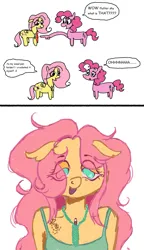 Size: 941x1630 | Tagged: safe, artist:cingulomana, derpibooru import, fluttershy, pinkie pie, anthro, earth pony, pegasus, pony, 2 panel comic, :3, comic, dialogue, drug use, drugs, duo, duo female, eye clipping through hair, eyebrows, eyebrows visible through hair, female, floating eyebrows, flutterhigh, g4, hands on pony, high, image, looking at something, mare, marijuana, meme, open mouth, open smile, png, pointing, simple background, smiling, speech bubble, talking, text, vape pen, white background, wingding eyes