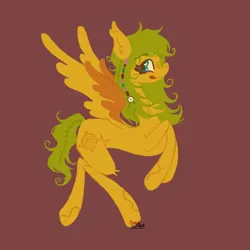 Size: 2048x2048 | Tagged: oc name needed, safe, artist:cingulomana, derpibooru import, oc, unofficial characters only, pegasus, pony, :p, coat markings, colored eyebrows, colored wings, colored wingtips, curly mane, curly tail, ear fluff, ear tufts, eyebrows, eyebrows visible through hair, green mane, green tail, high res, image, jpeg, leg fluff, lineless, long legs, long mane, long neck, long tail, looking back, neck fluff, pegasus oc, profile, rearing, red background, signature, simple background, smiling, solo, spread wings, tail, teal eyes, tongue out, two toned wings, wingding eyes, wings, yellow coat