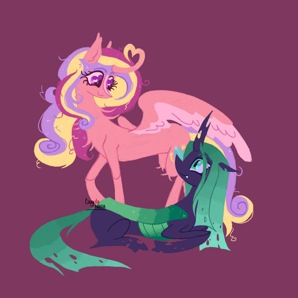 Size: 2048x2048 | Tagged: safe, artist:cingulomana, derpibooru import, princess cadance, queen chrysalis, alicorn, changeling, changeling queen, pony, alternate color palette, alternate design, alternate hair color, alternate tail color, black coat, blaze (coat marking), carapace, changeling horn, chest fluff, coat markings, colored eyebrows, colored horn, colored wings, colored wingtips, concave belly, curly mane, curly tail, cute, cute little fangs, duo, duo female, ear fluff, ear tufts, eye clipping through hair, eyebrows, eyebrows visible through hair, facial markings, fangs, female, floppy ears, g4, green eyes, green mane, green tail, heart, heart eyes, heart horn, high res, horn, image, infidelity, jpeg, leg fluff, lesbian, lineless, long legs, long mane, long tail, looking at each other, looking at someone, lying down, mare, missing accessory, multicolored mane, multicolored tail, pink coat, profile, prone, purple background, purple eyes, raised hoof, ship:cadalis, shipping, simple background, slender, smiling, smiling at each other, spread wings, standing, straight mane, straight tail, tail, thin, thin legs, two toned wings, wall of tags, wingding eyes, wings