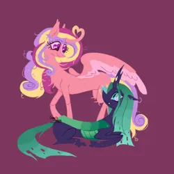 Size: 2048x2048 | Tagged: safe, artist:cingulomana, derpibooru import, princess cadance, queen chrysalis, alicorn, changeling, changeling queen, pony, g4, alternate color palette, alternate design, alternate hair color, alternate tail color, black coat, blaze (coat marking), cadalis, carapace, changeling horn, chest fluff, coat markings, colored eyebrows, colored horn, colored wings, colored wingtips, concave belly, curly mane, curly tail, cute, cute little fangs, duo, duo female, ear fluff, ear tufts, eye clipping through hair, eyebrows, eyebrows visible through hair, facial markings, fangs, female, floppy ears, green eyes, green mane, green tail, heart, heart eyes, heart horn, high res, horn, image, infidelity, jpeg, leg fluff, lesbian, lineless, long legs, long mane, long tail, looking at each other, looking at someone, lying down, mare, missing accessory, multicolored mane, multicolored tail, pink coat, profile, prone, purple background, purple eyes, raised hoof, shipping, simple background, slender, smiling, smiling at each other, spread wings, standing, straight mane, straight tail, tail, thin, thin legs, two toned wings, wall of tags, wingding eyes, wings