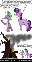 Size: 1000x1900 | Tagged: safe, artist:sneshpone, derpibooru import, spike, twilight sparkle, twilight sparkle (alicorn), alicorn, destroyed, fire, golden oaks library, hearth's warming, image, jpeg, library, smoke