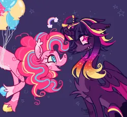 Size: 2048x1884 | Tagged: safe, artist:cingulomana, derpibooru import, pinkie pie, twilight sparkle, twilight sparkle (alicorn), alicorn, earth pony, pony, alternate color palette, alternate design, alternate eye color, alternate hair color, alternate hairstyle, balloon, big ears, blaze (coat marking), blue eyes, blushing, chest fluff, coat markings, colored belly, colored ear tufts, colored eyebrows, colored hooves, colored horn, colored muzzle, colored sclera, colored wings, colored wingtips, curly mane, curved horn, duo, duo female, ear fluff, ear piercing, ear tufts, earring, eye clipping through hair, eyebrows, eyebrows visible through hair, facial markings, fangs, female, floating, floating heart, floppy ears, g4, gradient mane, heart, hooves, horn, horn jewelry, horn ring, image, in air, jewelry, jpeg, leg fluff, lesbian, long neck, looking at each other, looking at someone, mare, mealy mouth (coat marking), multicolored hooves, multicolored mane, open mouth, open smile, pale belly, partially open wings, piercing, pink coat, pink eyes, pink mane, pink sclera, profile, purple background, purple coat, rainbow, ring, shiny hooves, shipping, signature, simple background, sitting, smiling, smiling at each other, sparkles, sparkly eyes, sparkly hooves, sparkly mane, splotches, starry eyes, stars, swirls, thin, twinkie, twitterina design, two toned wings, unshorn fetlocks, wall of tags, wingding eyes, wings, wolf cut, yellow sclera