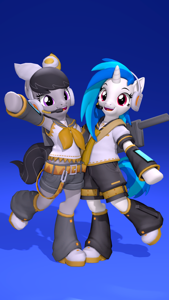 Size: 2160x3840 | Tagged: safe, artist:owlpirate, derpibooru import, octavia melody, vinyl scratch, earth pony, pony, unicorn, 3d, 4k, clothes, cosplay, costume, duo, duo female, female, g4, gradient background, headset, high res, horn, image, looking at you, mare, open mouth, open smile, png, smiling, smiling at you, source filmmaker, standing, standing on one leg
