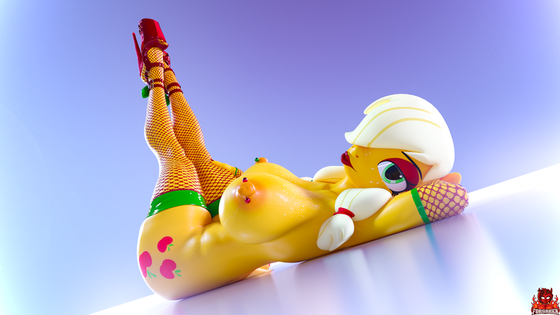 Size: 3840x2160 | Tagged: questionable, artist:forsaken, derpibooru import, applejack, anthro, earth pony, plantigrade anthro, pony, 3d, 4k, arm behind head, armpits, bedroom eyes, big breasts, big nipples, bimbo, bimbo jack, breasts, busty applejack, clothes, female, fishnet clothing, fishnets, hair over one eye, high heels, high res, huge breasts, image, legs together, lipstick, looking at you, lying down, mare, nipple piercing, nipples, nudity, on back, piercing, platform heels, png, shoes, socks, solo, solo female, stockings, thigh highs, thighs, thunder thighs