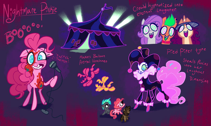 Size: 4000x2400 | Tagged: safe, artist:janegumball, derpibooru import, pinkie pie, bat pony, earth pony, pegasus, pony, unicorn, alternate timeline, balloon, balloon animal, circus tent, clown, eternal night au (janegumball), eye twitch, fangs, female, filly, floppy ears, foal, food, g4, grin, gritted teeth, high res, horn, hypnosis, hypnotized, image, mare, microphone, nightmare pinkie, nightmare takeover timeline, nightmarified, png, smiling, swirly eyes, teeth, text, tomato
