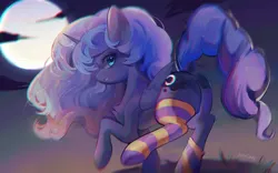 Size: 3327x2081 | Tagged: safe, artist:jelly-candy, derpibooru import, princess luna, alicorn, butt, chromatic aberration, clothes, cute, image, jpeg, looking back, lunabetes, moon, moonbutt, night, plot, socks, striped socks