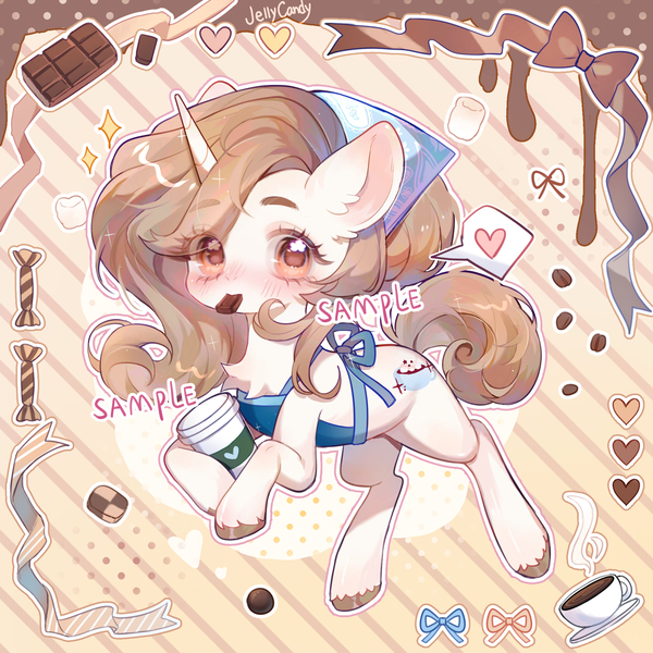Size: 2000x2000 | Tagged: safe, artist:jelly-candy, derpibooru import, oc, unnamed oc, unofficial characters only, pony, unicorn, apron, blushing, chocolate, chocolate bar, clothes, coffee, coffee cup, cup, cute, food, heart, holding in mouth, horn, image, jpeg, marshmallow, ocbetes, ribbon, speech bubble, striped background