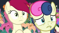 Size: 1200x675 | Tagged: safe, derpibooru import, screencap, bon bon, roseluck, sweetie drops, pony, it isn't the mane thing about you, duo, flower, g4, image, jpeg