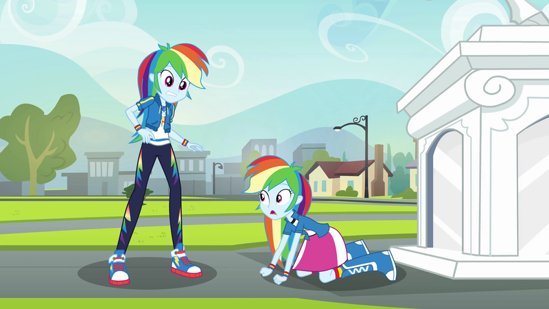 Size: 3840x2160 | Tagged: safe, artist:octosquish7260, derpibooru import, rainbow dash, human, equestria girls, boots, canterlot high, clothes, double rainbow, female, g4, geode of super speed, grass, hoodie, humans doing horse things, image, jacket, leggings, looking at each other, looking at someone, magical geodes, pants, png, pony to human, portal, portal to equestria, rainbow socks, self paradox, shirt, shoes, skirt, sneakers, socks, standing, striped socks, t-shirt, teenager, vest, wristband